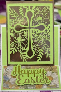 Cards:  Easter:  Green on Gold Cross Easel